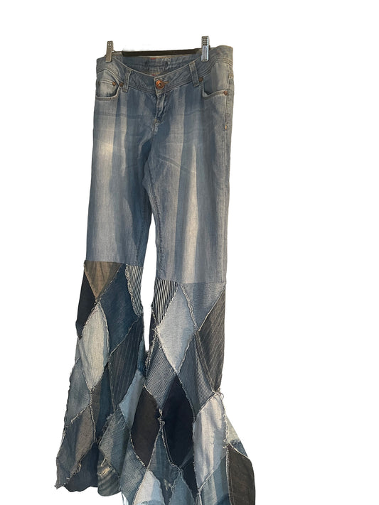 Harlequin Denim Pants Patchwork Flared Jeans